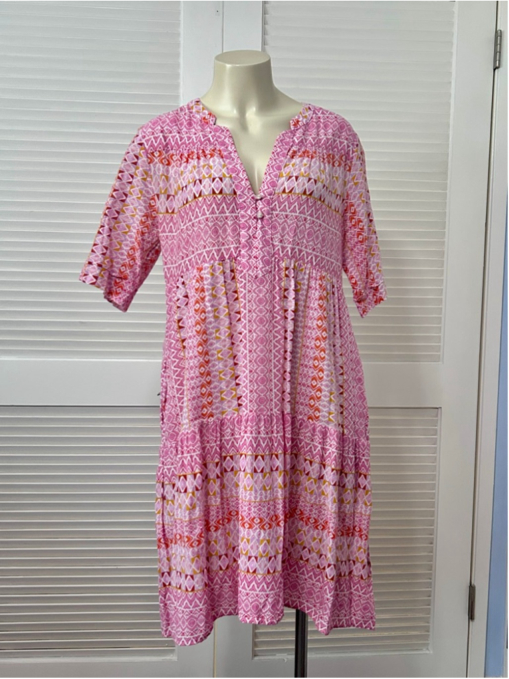 Xirena Billie Dress M Pink Geometric Block Print Cotton Babydoll Mini - Picture 2 of 12
